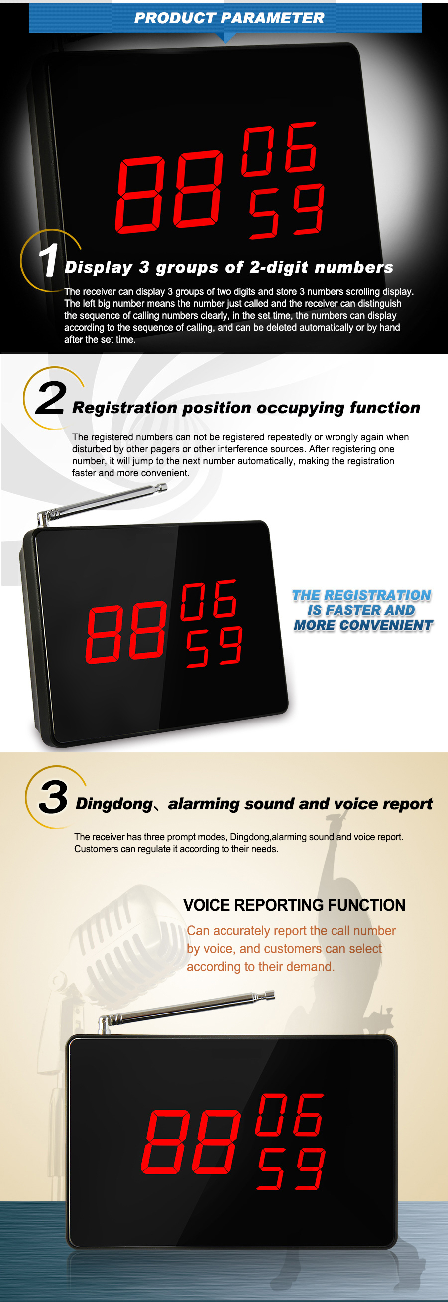 Water proof small wireless restaurant server customer paging system table button and screen receiver