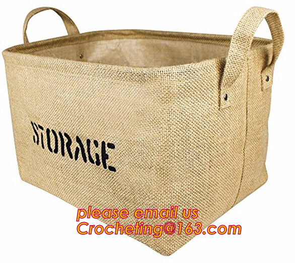 JUTE STORAGE BASKET WITH COTTON ROPE HANDLES,Burlap fabric jute toy storage basket for home storage organization bagease