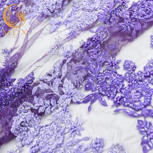 OEM Handwork Purple Beaded French Lace Fabric Embroidered