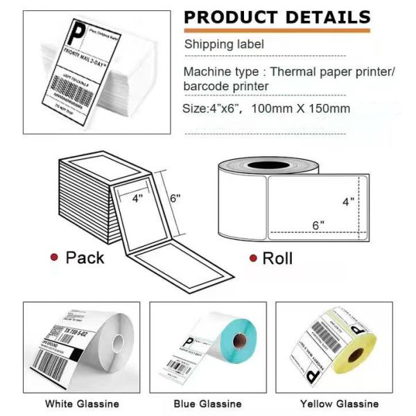 Custom direct thermal shipping label sample showing printed barcode and perforation lines