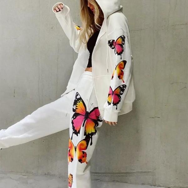 Quality                  Casual Print Long Sleeve Cardigan Hoodie Sweatpants Women 2 Piece Sweatsuit Tracksuit Set              for sale