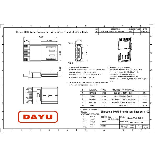 USB Four Pin Connector , 4 Pin Male Connector Micro Jack Solder For USB Cable