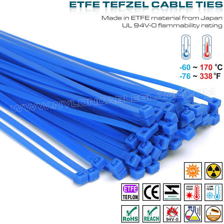 Blue Teflon Cable Tie 200 x 4.8mm, 94V-0 ETFE Cable Tie 50 Lbs Chemical Resistant Tefzel Cable Tie for Extreme Environments