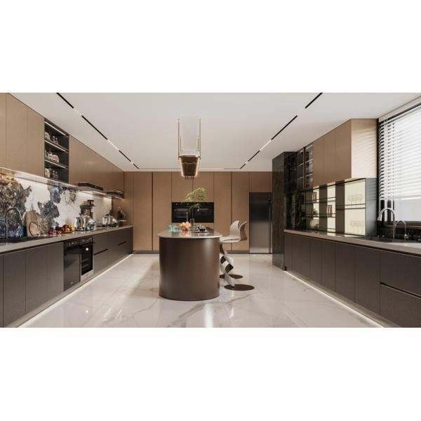 Dark Gray Stainless Steel Kitchen Cabinets with Island Layout