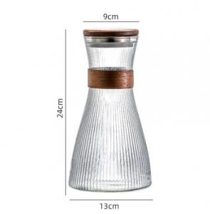 Ribbed Hourglass Shaped Glass Carafe With Wooden Lid For Water Beverage Daily Use Food Grade Silicone Ring