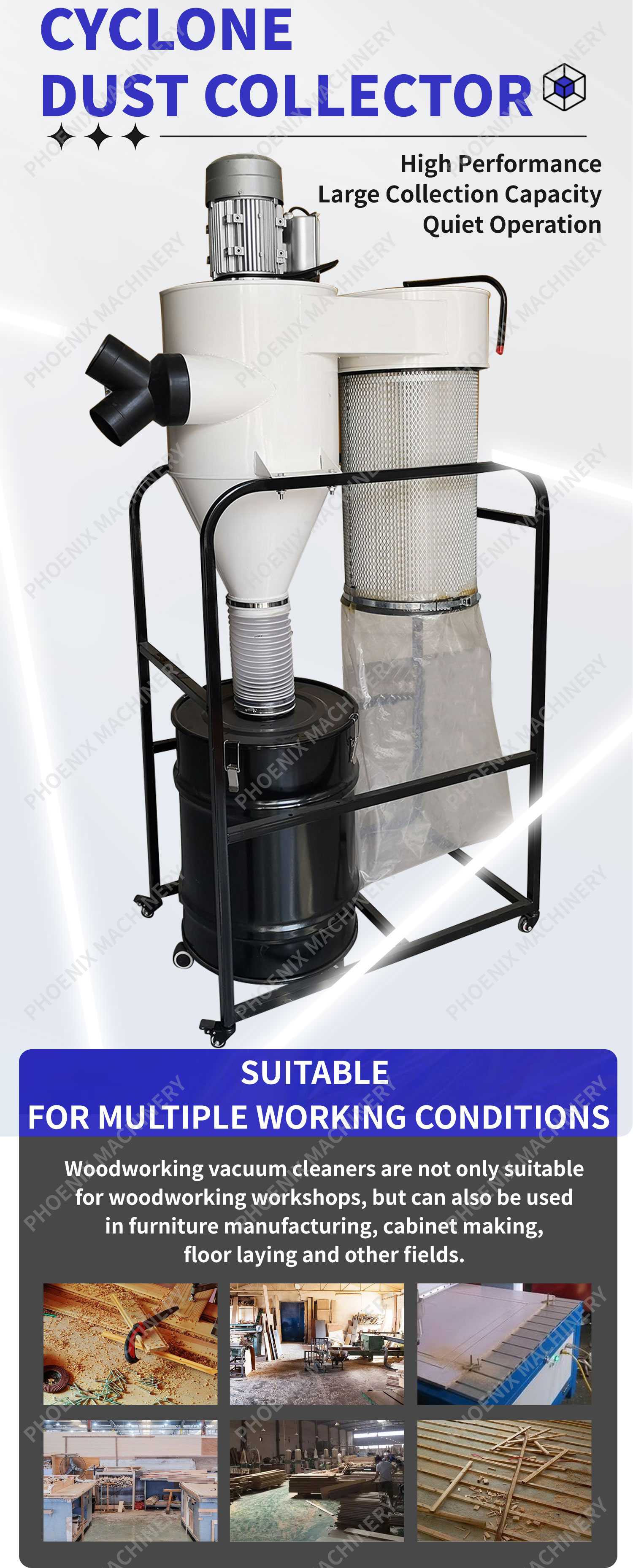 Industrial Vacuum Cleaner PDC2200M with Manual Woodworking Cyclone Dust Collector