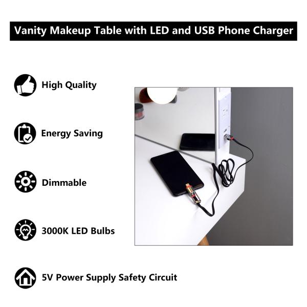 USB Charger MDF Board Cosmetic Dressing Table 3mm Mirror With LED Light
