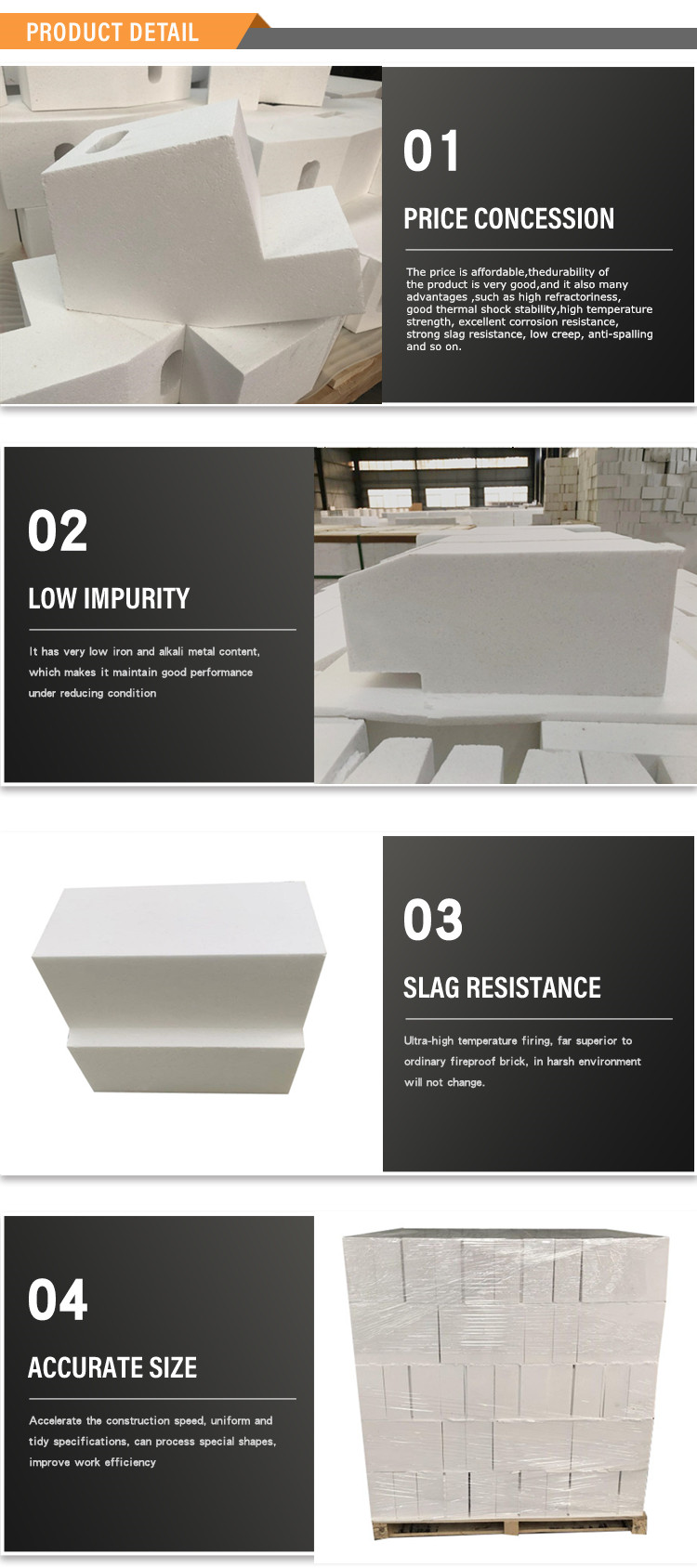 White Sintered Corundum Brick for Glass Furnace 90% Alumina Content BULK DENSITY 3.25