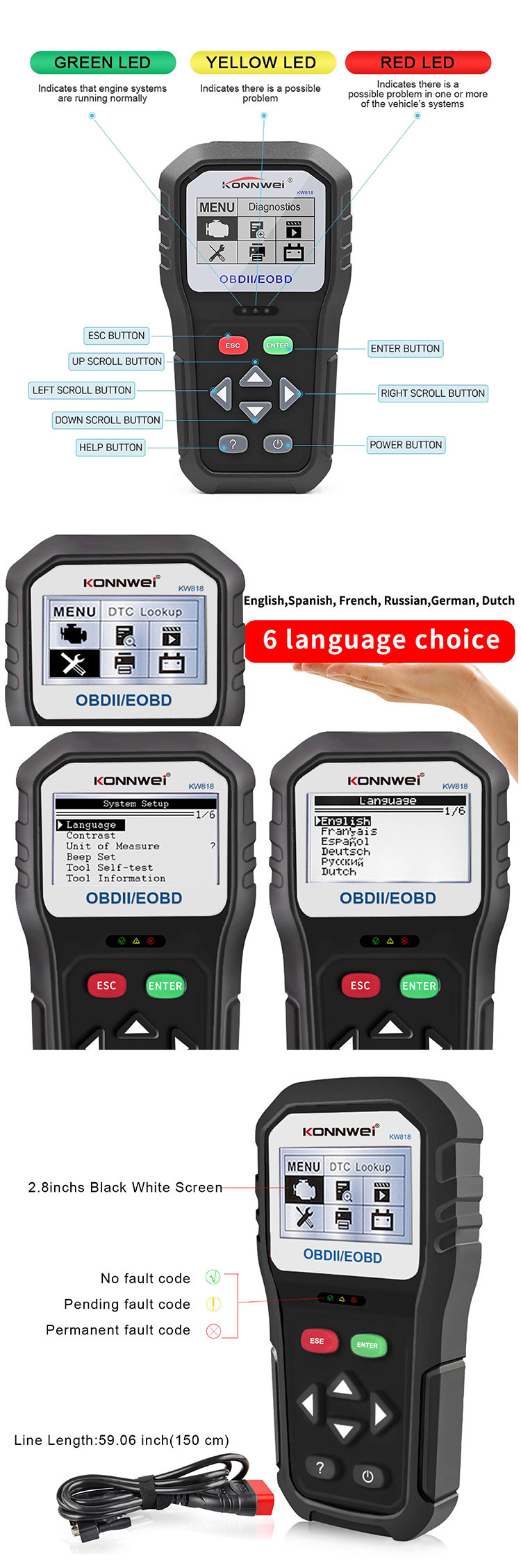 12v Car Scanner Diagnostic Live Data Code Reader Check Engine KW818 Pass CE FCC ROHS
