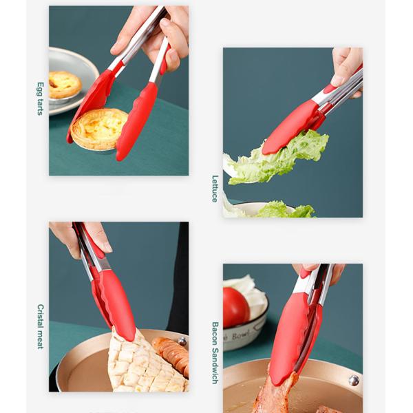 9 Inch Silicone BBQ Grill Tong Non Stick Barbecue Clamp Stainless Salad Tongs