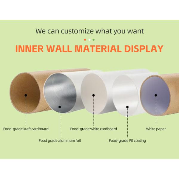 Customizable sealed food packaging with round cardboard tubes, paper cans, easy-open lids, and custom aluminum foil linings
