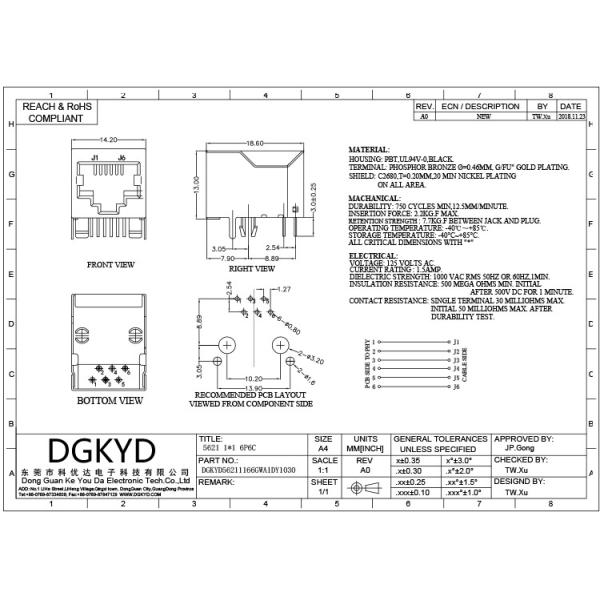 DGKYD56211166GWA1DY1030 Single Port RJ12 Connector 6P6C Shielded Lightless G/FU