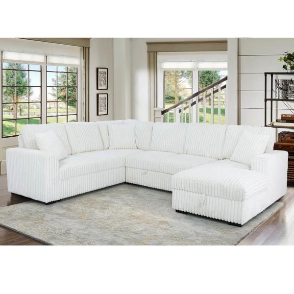 U-Shaped Sectional Sleeper Sofa with Pull Out Bed and Storage Chaise Lounge and USB Charging Port, Beige Corduroy Fabric