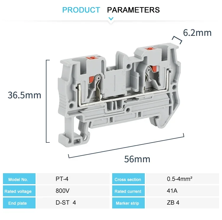 PT4 Push-in Terminal Strip Plug PT-4 4mm² Cable Connector Electrical Connect Din Rail Screwless Terminal Block PT 4