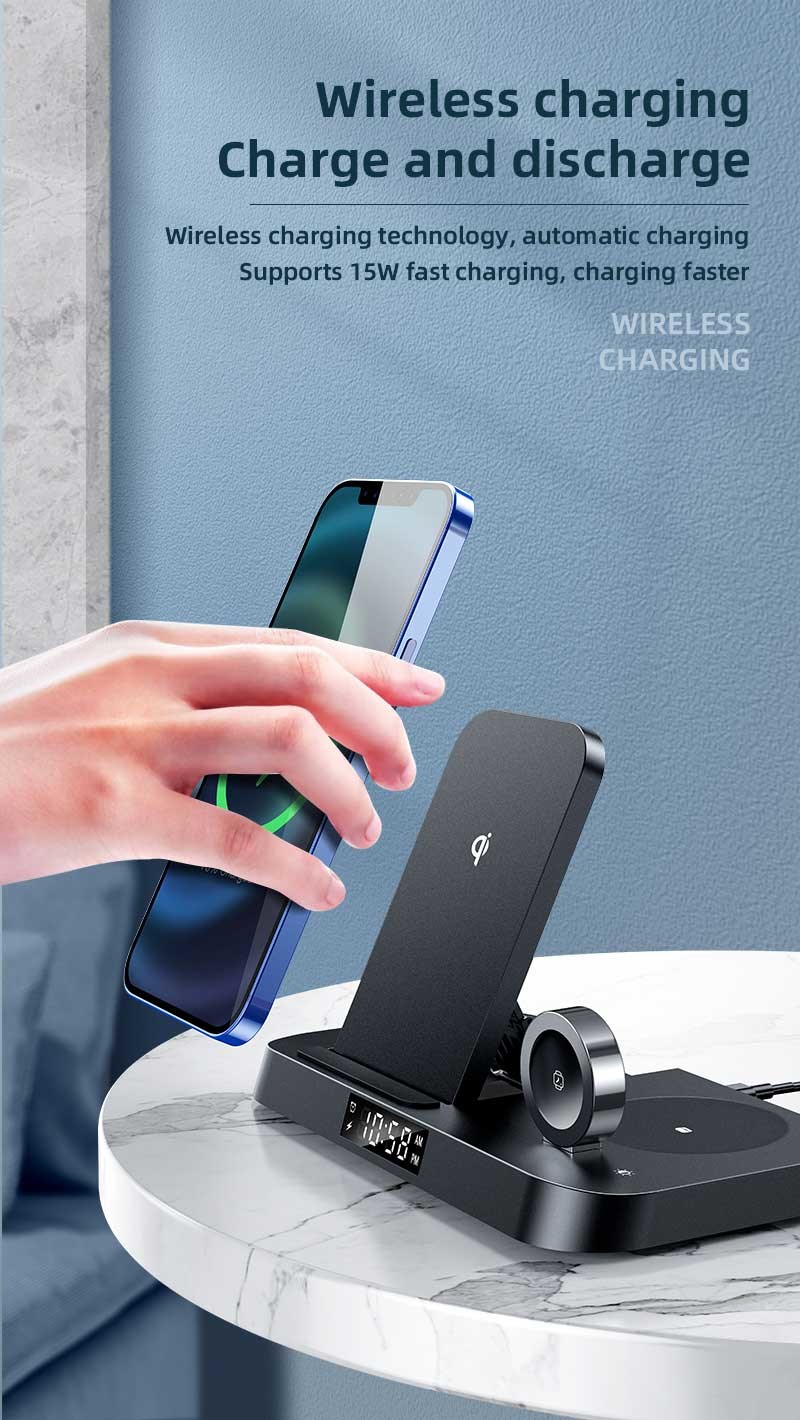 Plastic Qi Desktop Wireless Charger Alarm Clock 15W Foldable 6mm