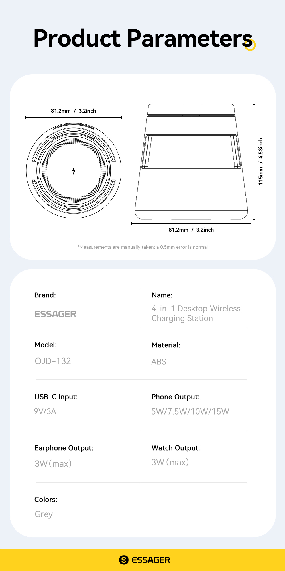 ESSAGER OJD-132 Foldable 4 In 1 15W Magnetic Wireless Charger Stand Station With Led Light For Watch Earphone Phone