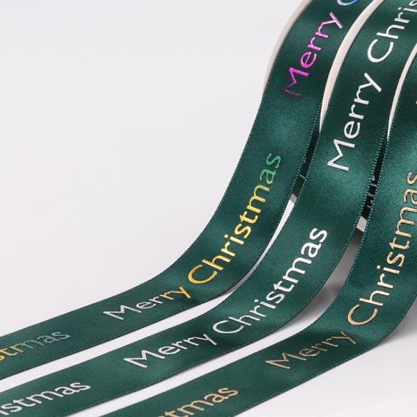 Quality Custom Patterned Hot Stamp Ribbon , Smooth Surface Green Satin Ribbon for sale