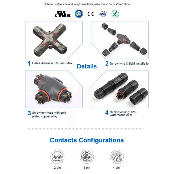 T Type Outdoor IP68 Wire Connector 2 Pin Screw Locking For Connecting Cable