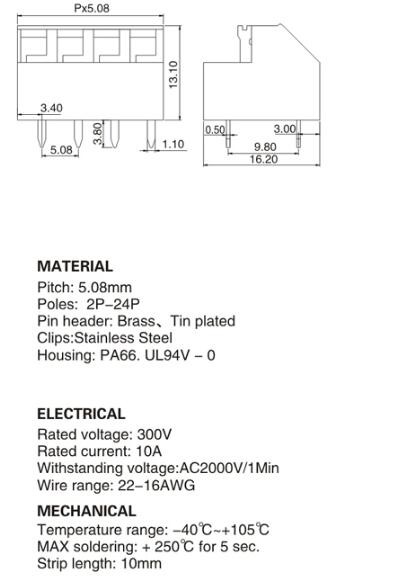 WT237-5.08 pcb spring type terminal block, spacing 5.08, factory direct sales