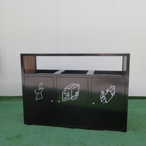3 Compartment Recycling Bin Pation Furniture Outdoor Metal Wood Waste bin Supplier Steel Trash Can Wholesale