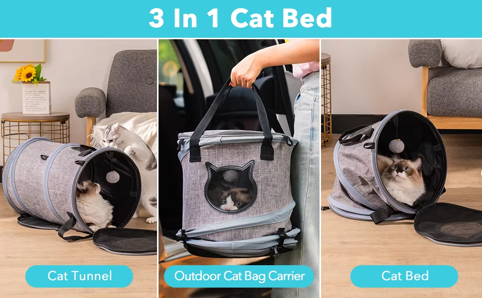 Foldable Cat Tunnel Carrier 3 In 1 Pet Carrier Handbags Round