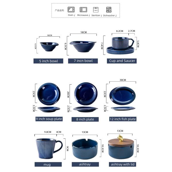 Vintage Design Kiln Change Porcelain Dinner Set Blue And White Tableware Japanese Style Stoneware