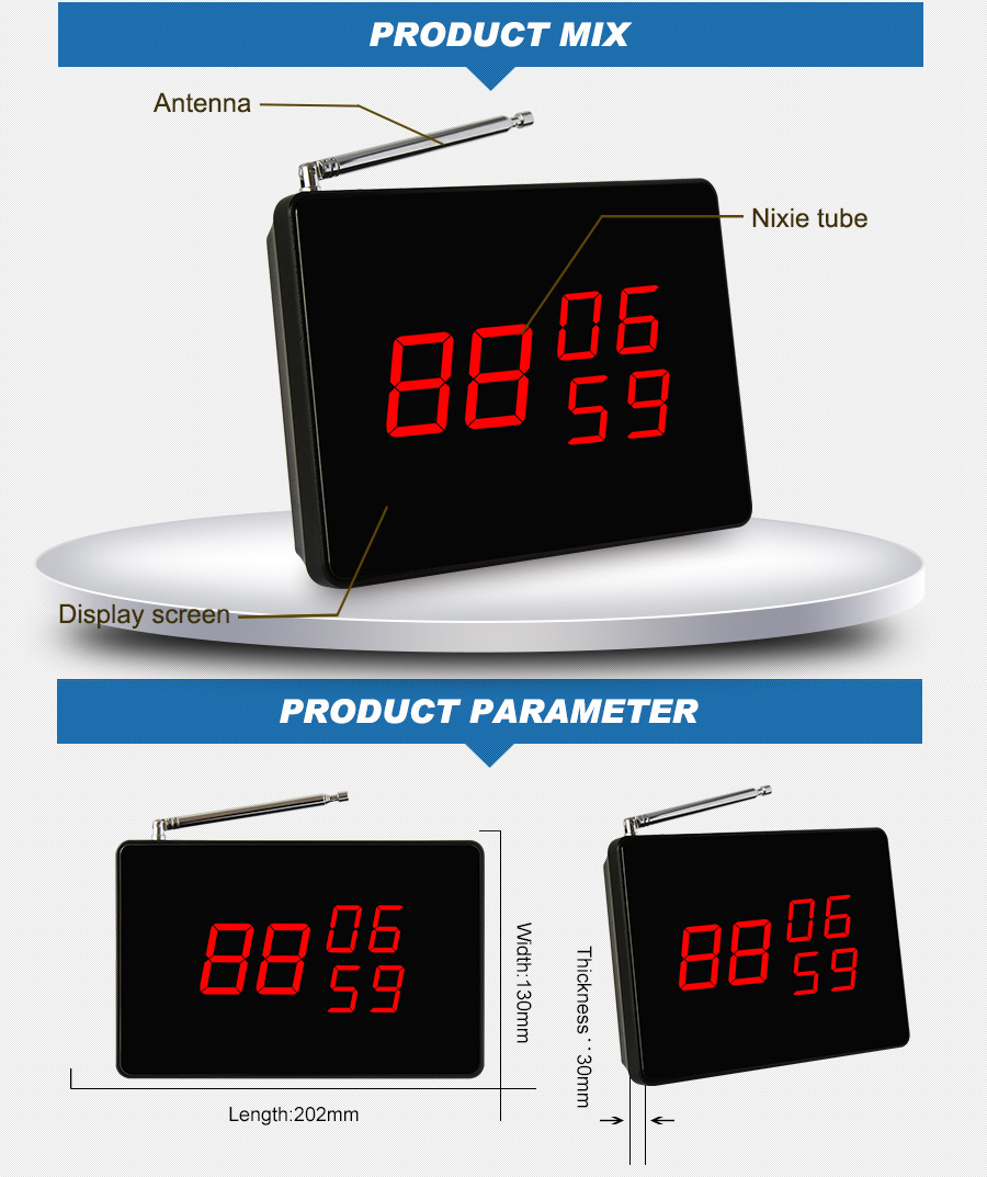Water proof small wireless restaurant server customer paging system table button and screen receiver