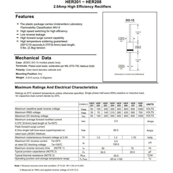 High Efficiency Rectifier Diode 2A HER201 Thru HER208 DO-15 Package