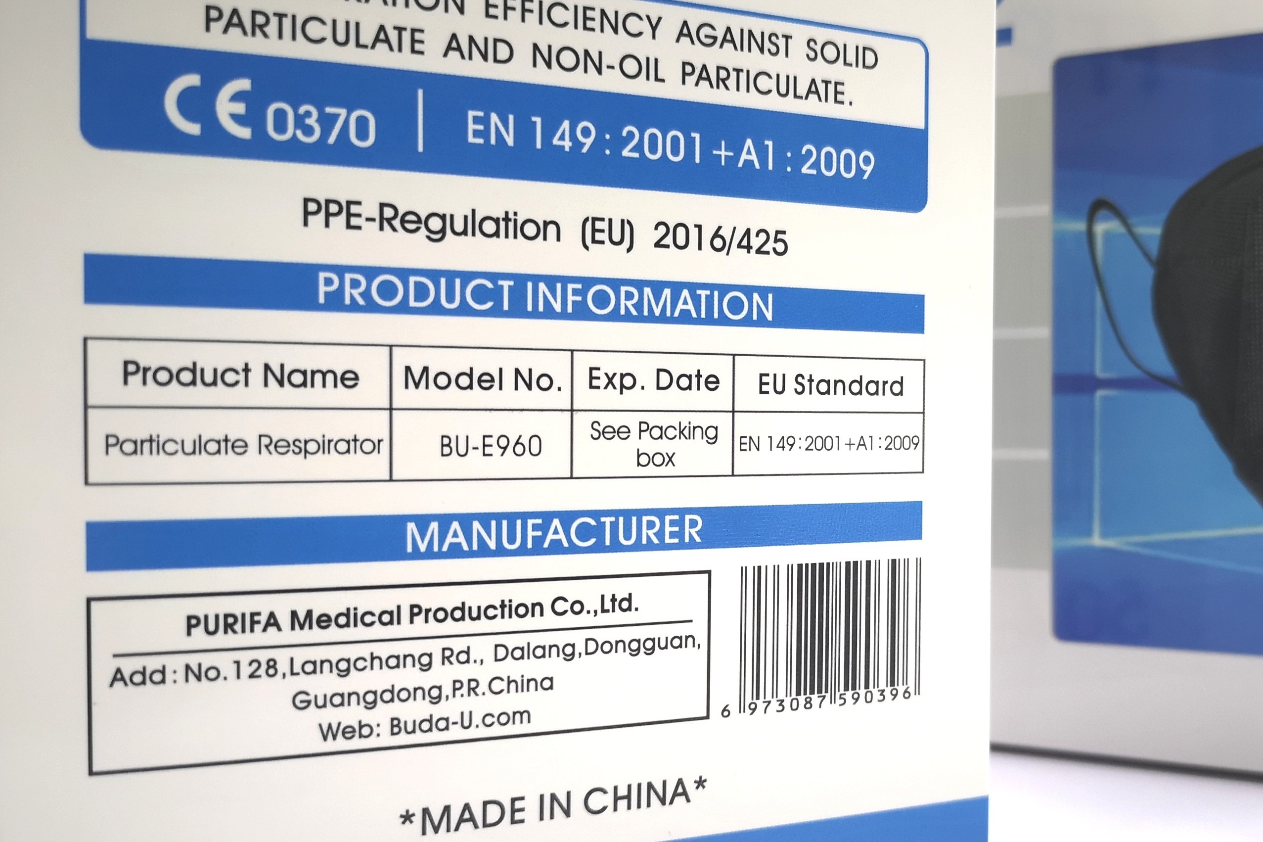 FFP2 Protective Face Mask With CE 0370 , FFP2 Dust Mask With Good Packing Box , Black Color , 50pcs / Box