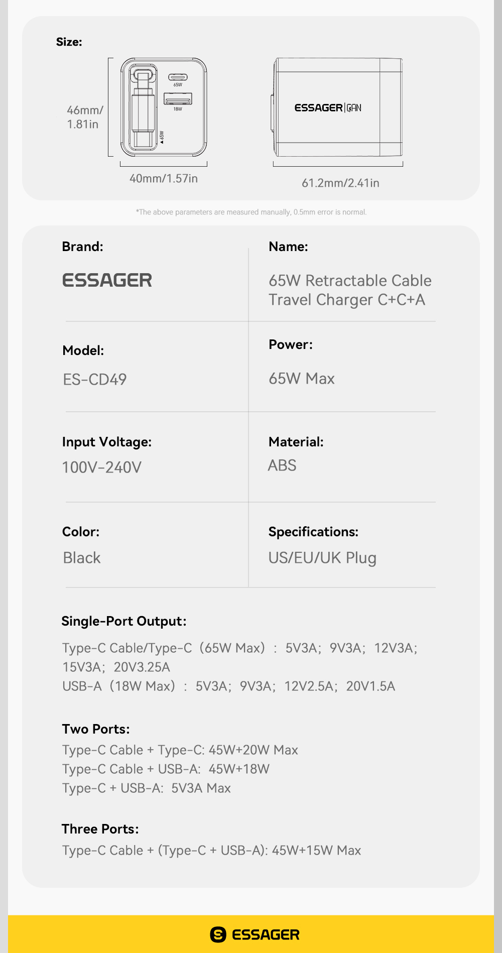 ESSAGER ES-CD49 Series 2 Ports 65W GaN Charger USB Wall Adapter Private Mold and Rated Power 100V-240V AC