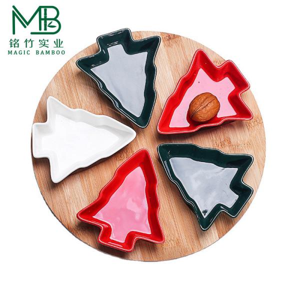 Quality Christmas Special Rotating Ceramic Snack Tray With Bamboo Base for sale