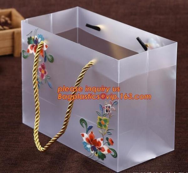 Quality Customized square shape flower pattern long handle PP gift bag,flower vase, disposable flower plastic bag, plastic folda for sale