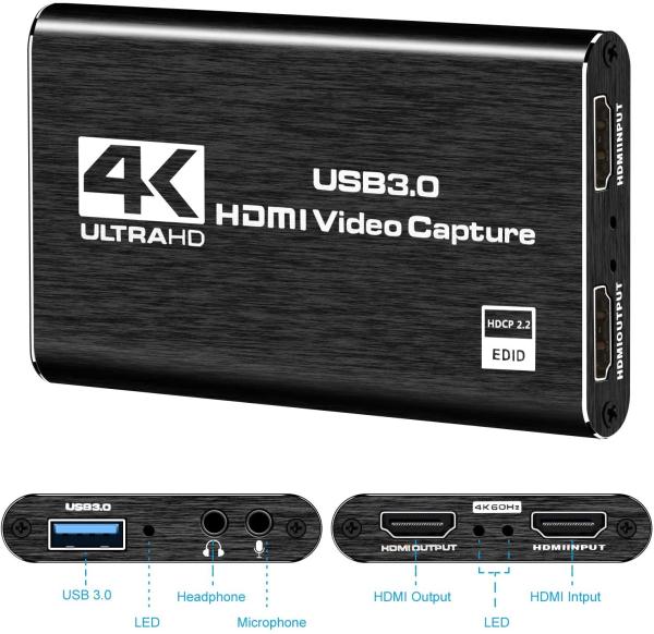 Quality Aluminum Shell HDMI Video Capture Device 3.5mm 4K 1080p 60fps Capture Card USB3.0 for sale