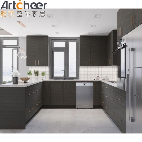 White Quartz Stone Top U Shape Kitchen Cabinet with Modern Stylish PVC Membrane Door Panel
