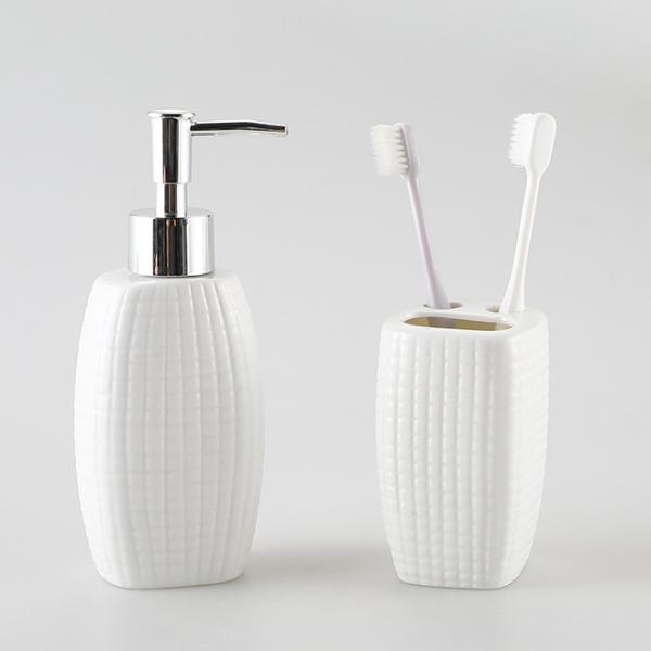 Embossed Decor Bathroom Ceramic Set 4 Pcs With Toothbrush Cup Soap Dispenser