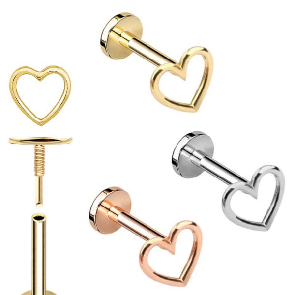 Quality 14K Gold Outlined Heart Ear Piercing Jewelry Threaded Flat Back Stud for sale