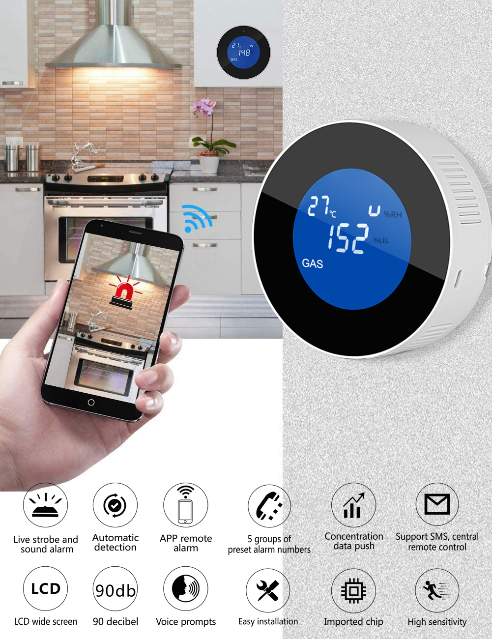Glomarket Tuya Wifi Gas Detector GSM Alarm System Lcd Digital Alarm Leak Sensor Gas Leak Detector