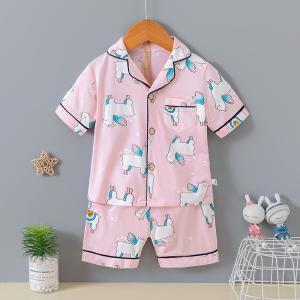 95% Cotton Lapel Children Button Down Pajama Cardigan Set Cartoon Alpaca