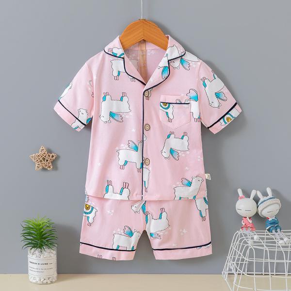 Quality 95% Cotton Lapel Children Button Down Pajama Cardigan Set Cartoon Alpaca for sale