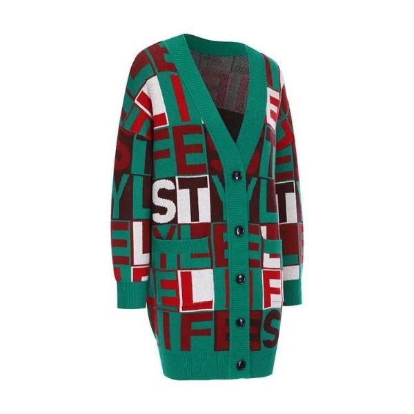 New V Neck Long Sleeved Monogram Jacquard Knitted Cardigan Coat Women&prime;s Sweater