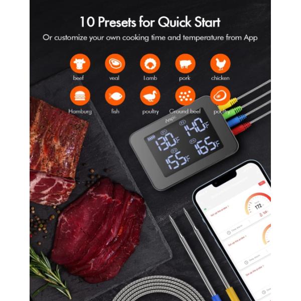 Digital Wireless Grill Thermometer With 4 Probes Timer Alarm 150 Ft Bluetooth Monitor
