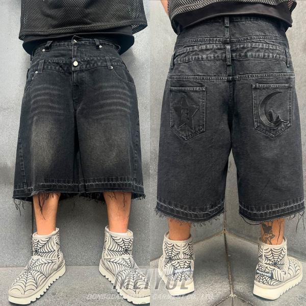 Quality Custom Jogger Double Layer Embroidery Seven Point Logo Streetwear Distressed Black Acid Washed Denim Jeans Shorts for Men for sale