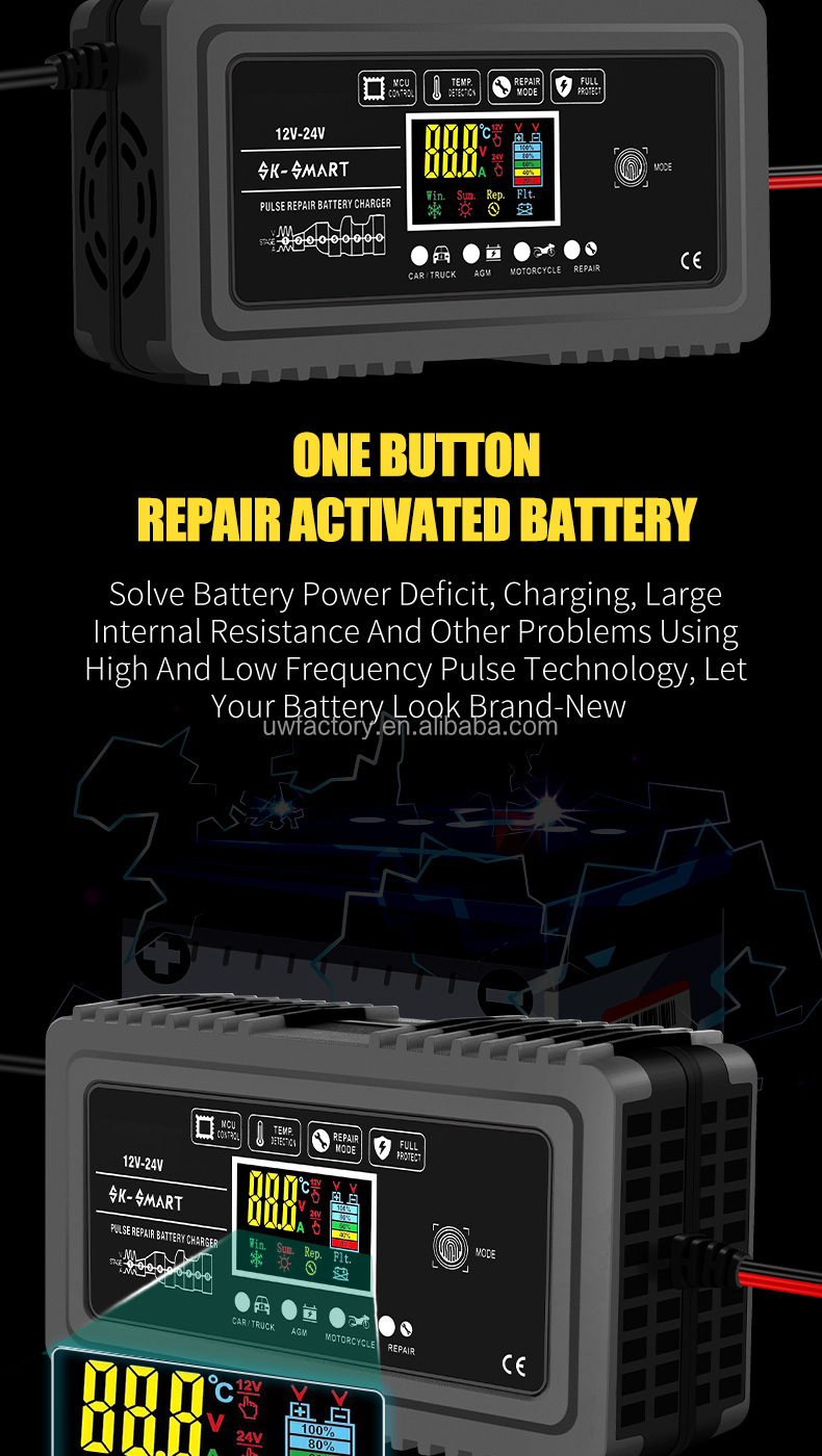 AGM Gel Lead Acid Battery 12V 24V12A Car Battery Charger Intelligent Repair Type Automatic LCD with 90% Charging Efficiency