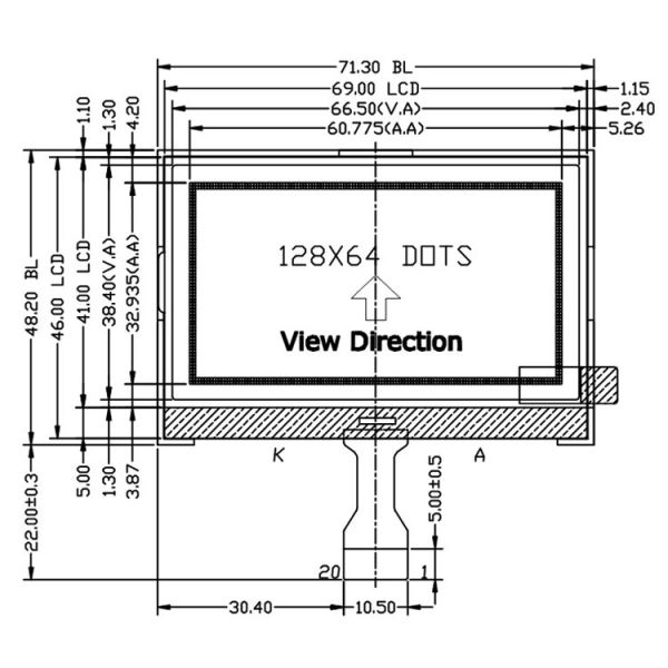128x64 Graphic LCD Display Module with 1/65 Duty 1/9 Bias and Positive Transmissive FSTN Mode