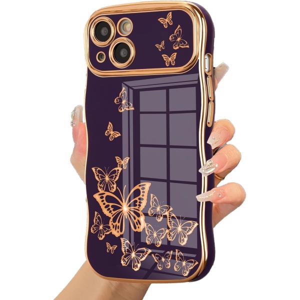 iPhone 13 girl phone case, curly wave frame, luxury plated butterfly pattern, TPU gold rim shock-proof lens protection