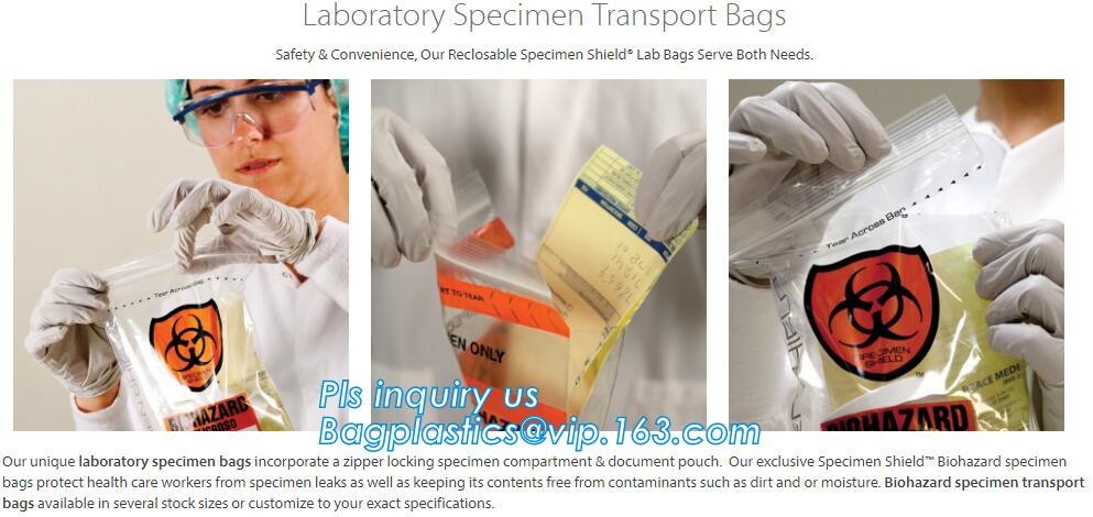 biohazard specimen Zip lockk bag with pocket, recycled custom printed ldpe 3 layers specimen bag Zip lockk bag, pac, pacrite