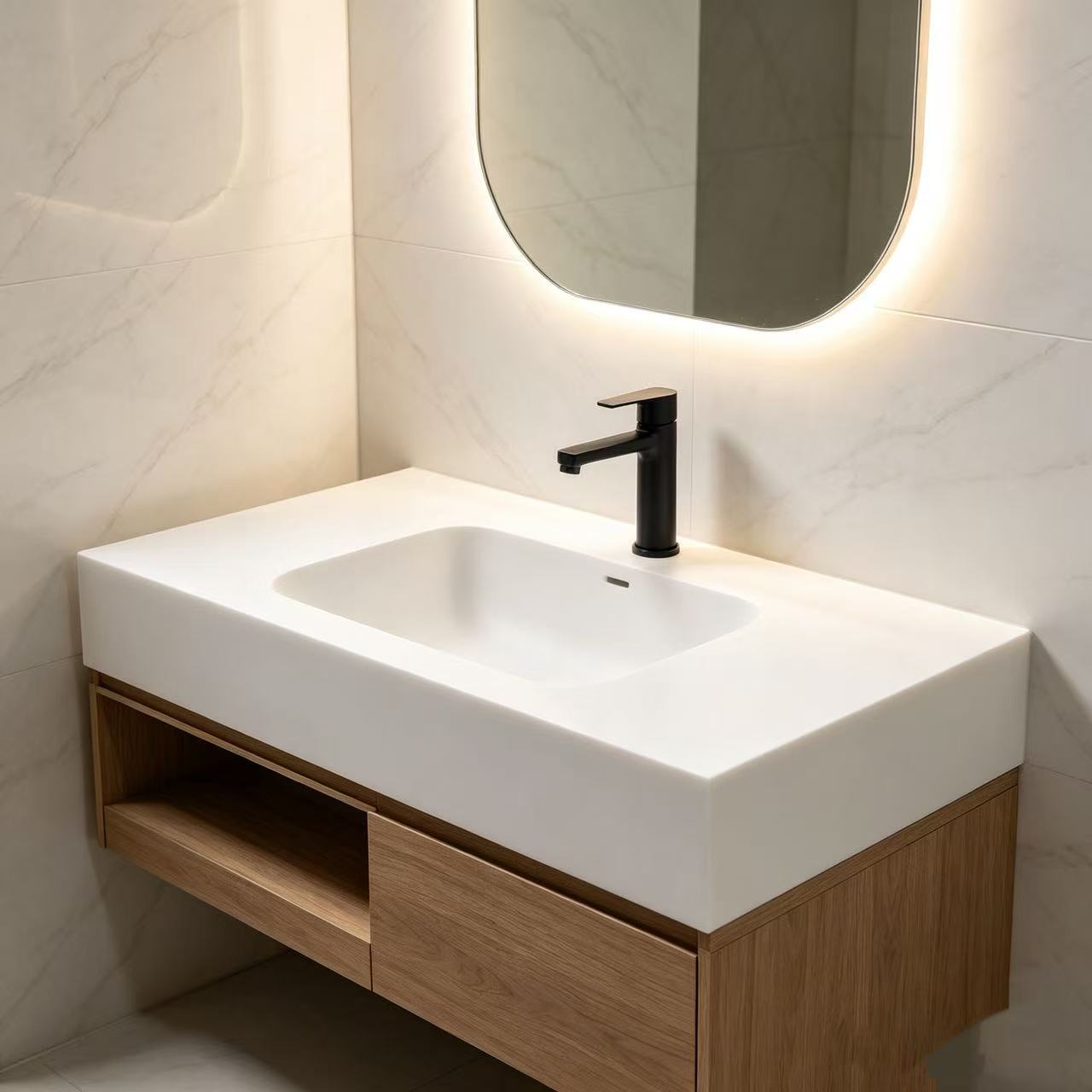 SOLID SURFACE INTEGRATED VANITY WITH ROUNDED RECTANGULAR BASIN,SOLID SURFACE