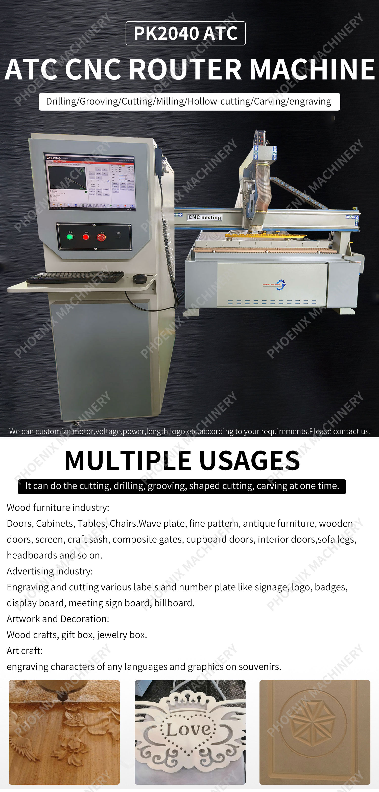 PK2040 ATC CNC Wood Carving Machine with 12 Tools Automatic Switching and Dill Head