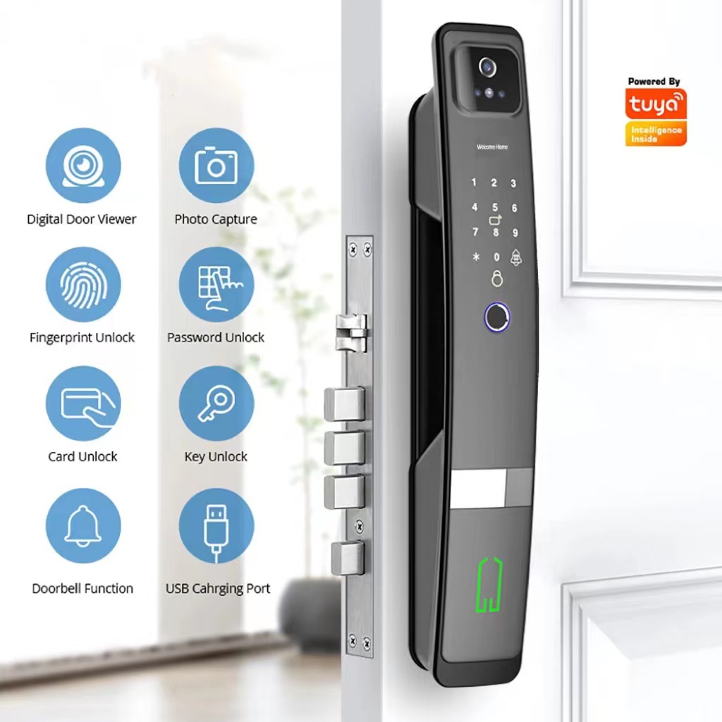 6068 Mortise Tuya APP Password Card Fingerprint Electronic Door Lock With Face Camera 6kg