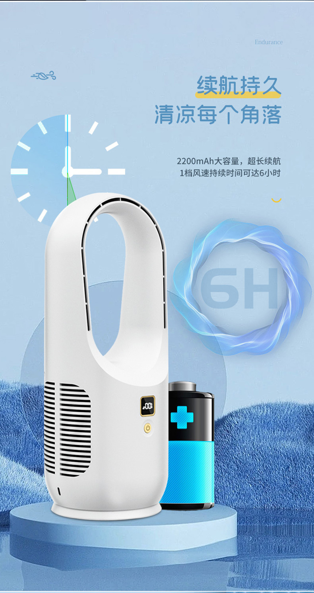 3H-6H Usage Time Battery Operated Desktop Bladeless Fan for Energy-Saving Cooling